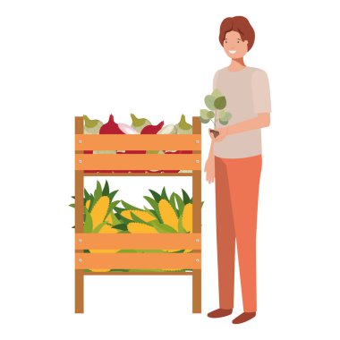 sebze satıcı adam kiosk izole simgesiyle