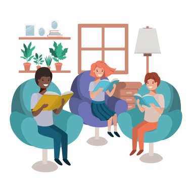 oturma odası avatar karakteri kitap ile insanların grubu