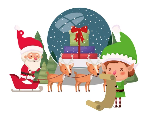 Weihnachtsmann und Elfe mit Kristallkugel — Stockvektor