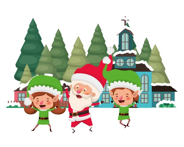 Barrio y elfo pareja con santa claus — Vector de stock