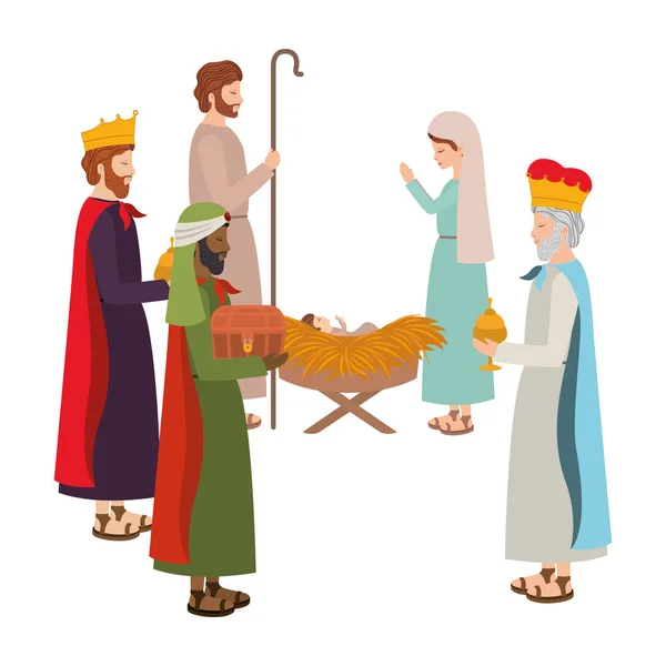 Familia santa con reyes sabios y animales — Vector de stock