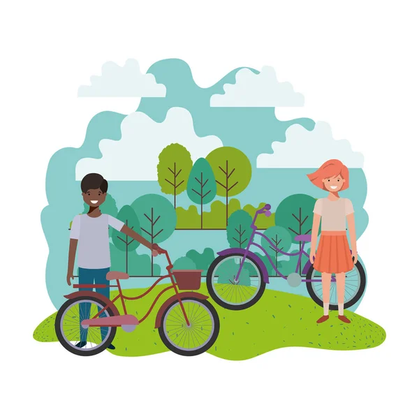 Enfants avec vélo dans le paysage — Image vectorielle