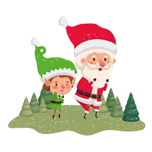 Santa claus com elfo se movendo com árvores de natal — Vetor de Stock