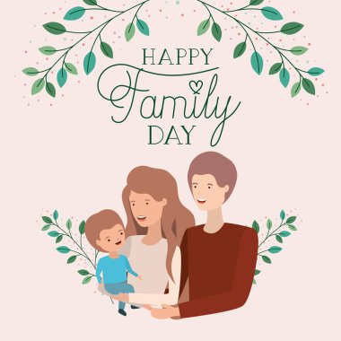 anne-baba ve oğlu yapraklar taç ile aile günü kartı