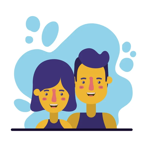 Pareja de personajes con fondo de salpicadura de pintura — Vector de stock