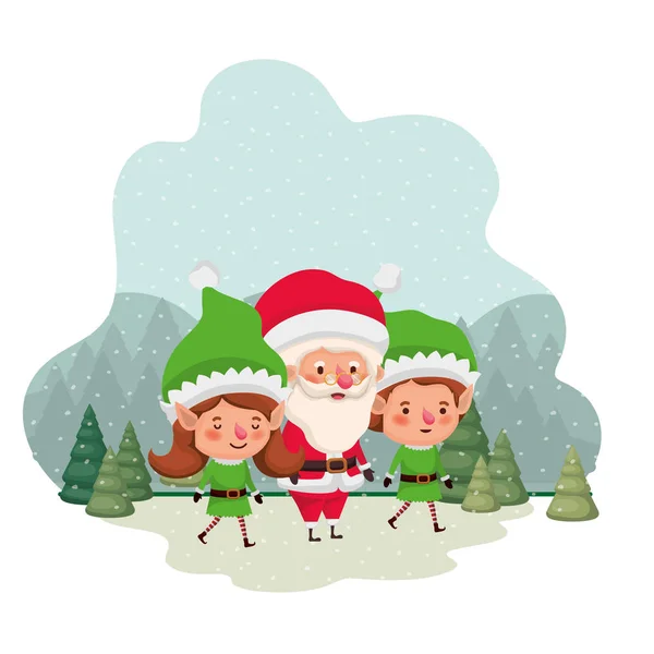 산타 클로스와 눈과 크리스마스 트리와 커플 엘프 — 스톡 벡터