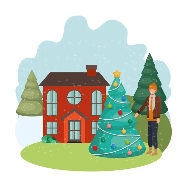 Férfi karácsonyfát kívül a ház — Stock Vector