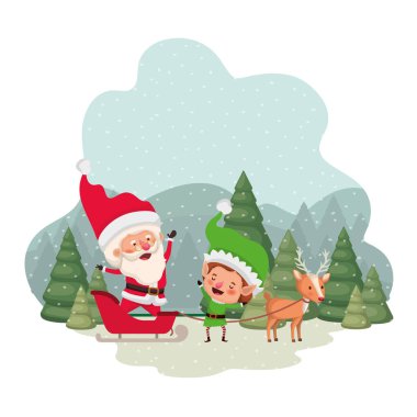 kızak ve düşen kar avatar karakteri ile noel ağaçları elfler ile noel baba