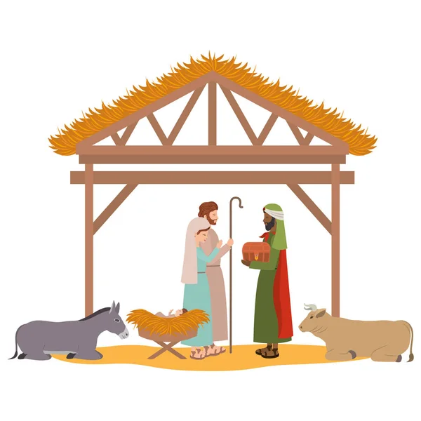 Sainte famille avec homme sage dans l'écurie — Image vectorielle