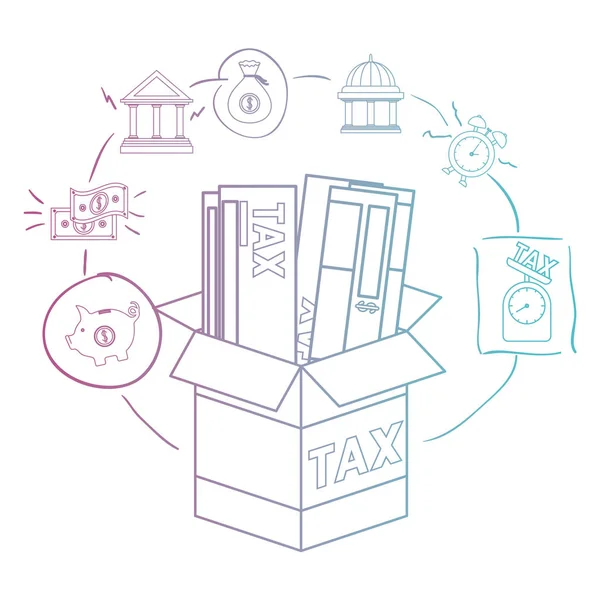 Πλαίσιο φόροι χαρτοκιβωτίων με Set εικονίδια — Διανυσματικό Αρχείο