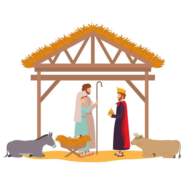 Heilige Familie mit Weisen im Stall — Stockvektor