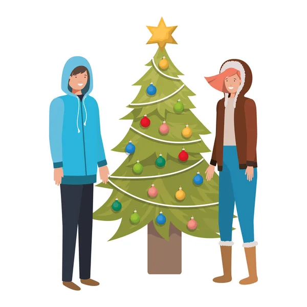 Paar met kerstboom avatar karakter — Stockvector