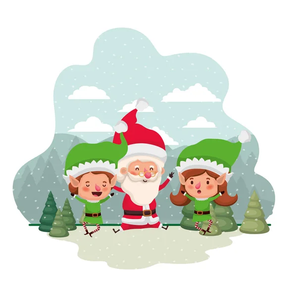 Pareja de elfos con santa claus y árboles de Navidad con nieve — Vector de stock