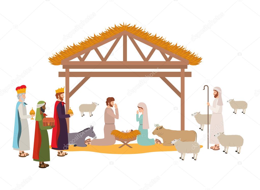 holy family in stable with wise kings manger