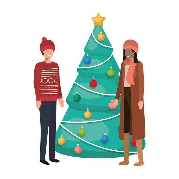 Coppia con albero di Natale avatar personaggio — Vettoriale Stock