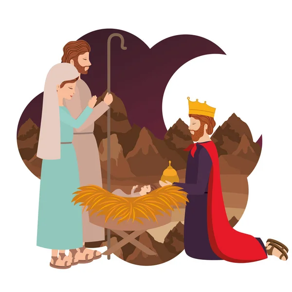 Holy family with wise man manger characters — Stock Vector