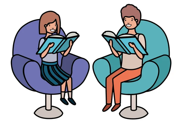 Paar Kinder sitzen auf Sofa mit Buch-Avatarfigur — Stockvektor