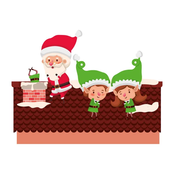 Santa Claus s několika elfy na střeše avatar — Stockový vektor