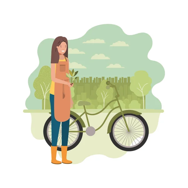 Mujer jardinero con paisaje y bicicleta — Vector de stock