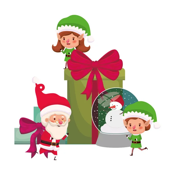 Couple of elves and santa claus with gifts boxs — Stock Vector
