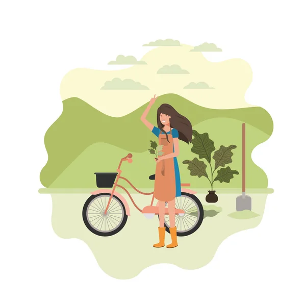 Nő kertész táj és kerékpár — Stock Vector