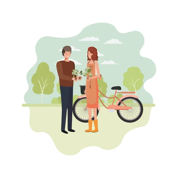 Pár zahradníků s krajinou a bicykly — Stockový vektor