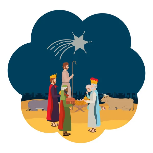 Sagrada familia con sabios reyes pesebre personajes — Vector de stock