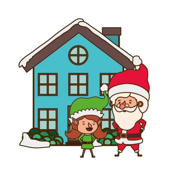 Elf vrouw met Santa Claus en huis — Stockvector