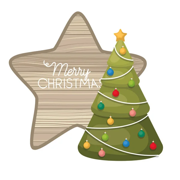 Julgran med stjärna i trä isolerad ikon — Stock vektor