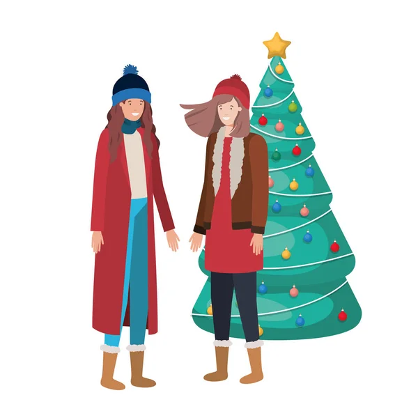 Femmes avec caractère avatar arbre de Noël — Image vectorielle