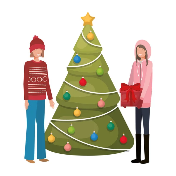 Vrouwen met kerstboom en gift avatar — Stockvector