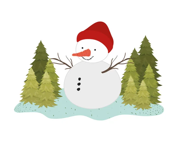 Snow man with pine trees isolated icon — Stock Vector