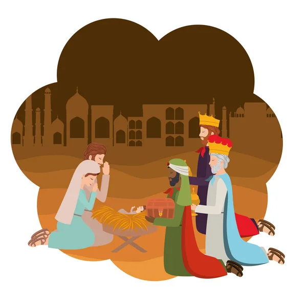 Sagrada familia con sabios reyes pesebre personajes — Vector de stock