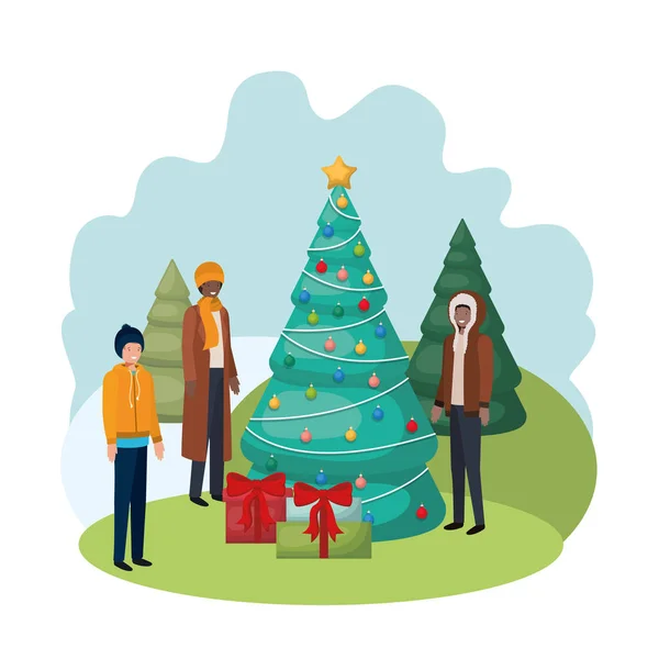 Hommes avec arbre de Noël et cadeaux avatar — Image vectorielle