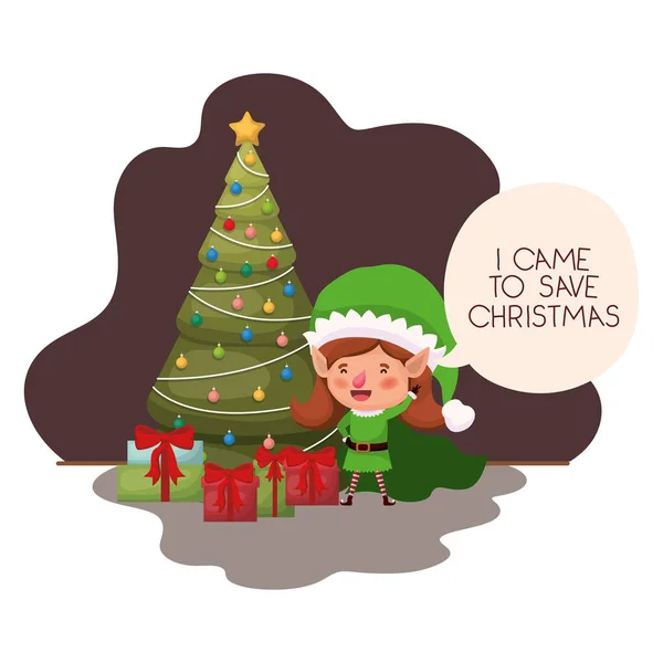 Elfo mulher com árvore de natal e presentes — Vetor de Stock