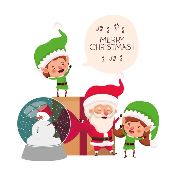 Paar Elfen en kerstman met geschenken dozen — Stockvector