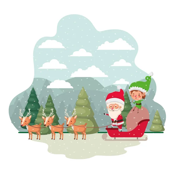 Kerstman met elf in slee avatar karakter — Stockvector