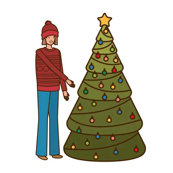 Γυναίκα με το χριστουγεννιάτικο δέντρο χαρακτήρα avatar — Διανυσματικό Αρχείο