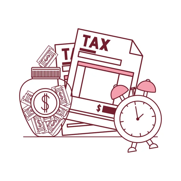 お金と目覚まし時計と税務書類 — ストックベクタ