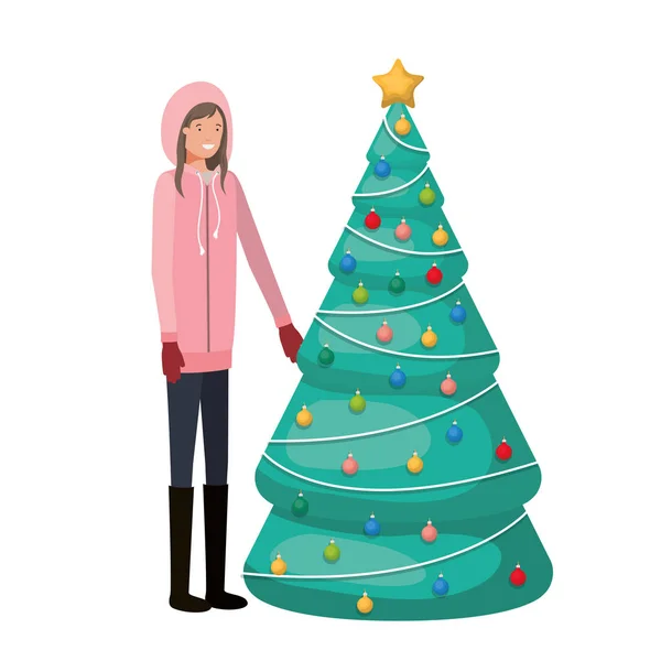 Femme avec arbre de Noël avatar caractère — Image vectorielle