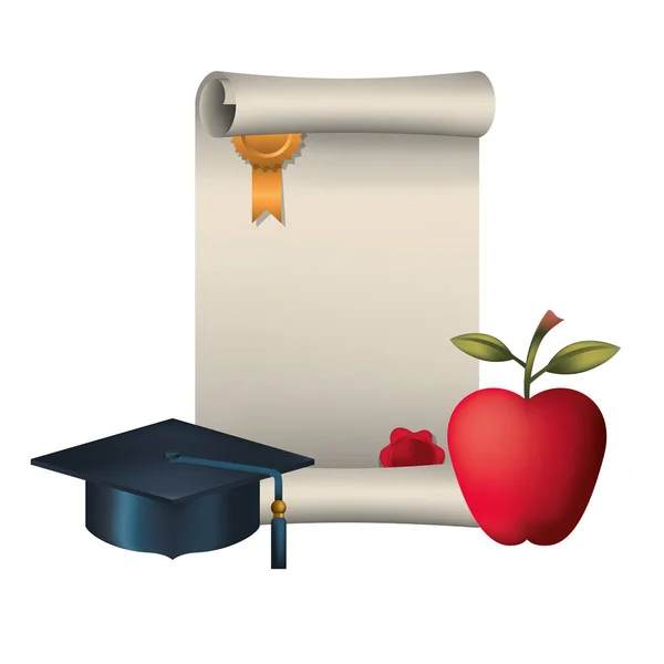 Certificato di laurea con cappello e icona di mela — Vettoriale Stock