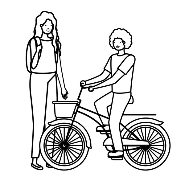 Jeune couple dans des personnages de vélo — Image vectorielle