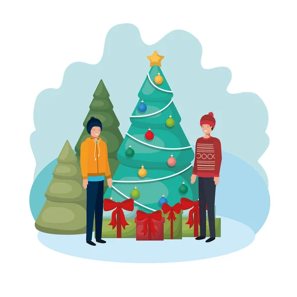 Hombres con árbol de navidad y avatar regalos — Archivo Imágenes Vectoriales