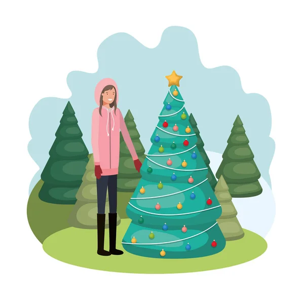 Γυναίκα με χριστουγεννιάτικο δέντρο στο τοπίο — Διανυσματικό Αρχείο