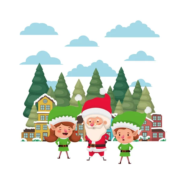 Grannskap och Elf par med jultomten — Stock vektor