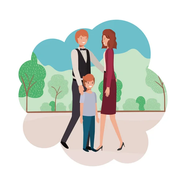 Parents couple avec fils dans le paysage avatar personnage — Image vectorielle