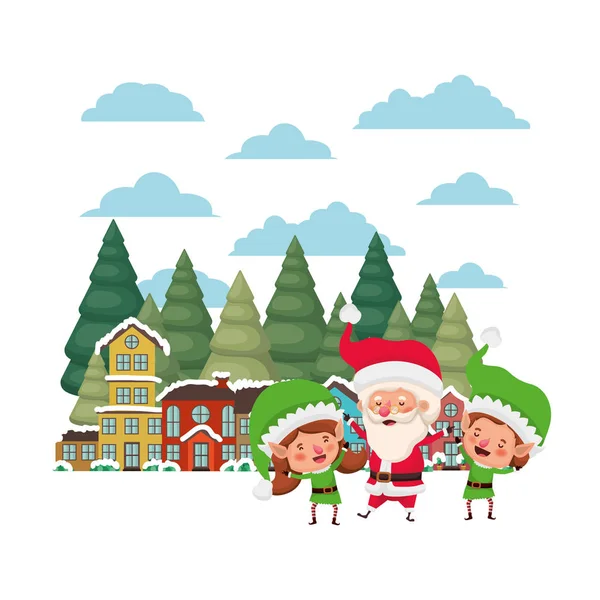 Noel baba ile mahalle ve elf çift — Stok Vektör