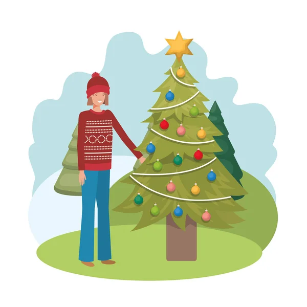 Woman with christmas tree in landscape — Stock Vector