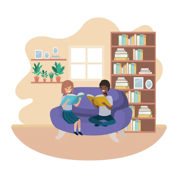 Casal de crianças com livro em personagem avatar sala de estar —  Vetores de Stock