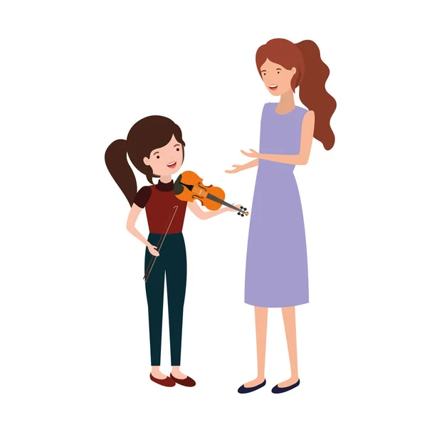 Woman with daughter and violin avatar character — Stock Vector